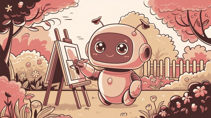 a small rounded robot character painting a picture on an easel in a pretty garden, in the style of a cute minimal illustration Ideogram image