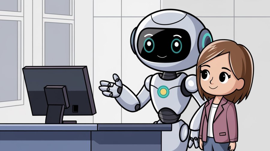 A simple cartoon of a robot showing a woman a computer Ideogram image