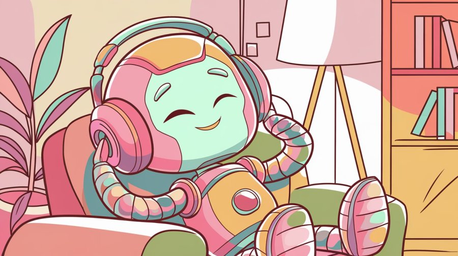 fun cartoon of a cute, robot relaxing while listening to an audiobook. Ideogram Image