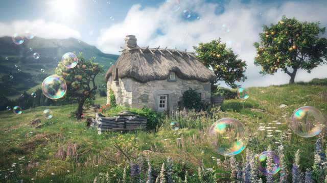 mountain field with cottage and bubbles Ideogram image