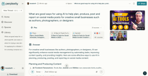 Screengrab of a query in Perplexity, asking for info on how AI can help with social media posts