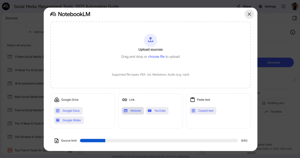 Screengrab of the Notebook LM source upload form