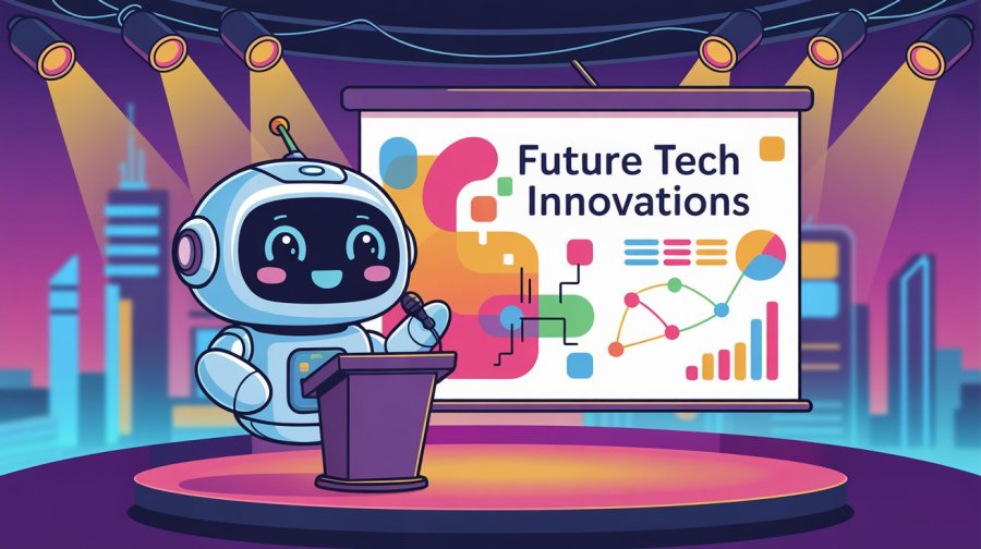 A cartoon of a cute, rounded kawaii robot giving a presentation. The presentation deck is colourful and fun Ideogram Image
