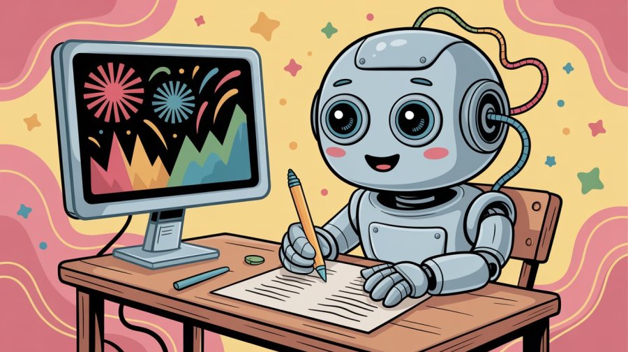 A cartoon of a cute, rounded robot writing an essay while plugged into a monitor nearby showing colourful graphs, patterns and fireworks. pastel colours with a focus on warm tones. Ideogram image