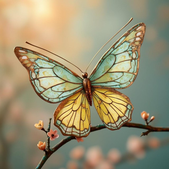A copper sculpture of a butterfly on a twig about 12cm tall. the butterfly is shiny copper, with the wings splattered with paint in soft shades of lemon, green, and blue, while the twig shows the blue-green patina of old copper