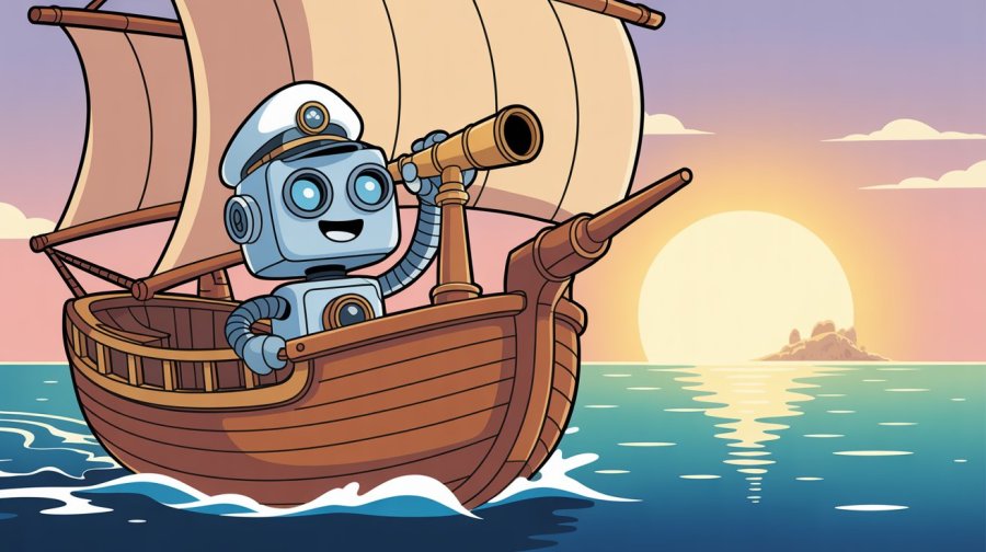 A cute rounded cartoon robot on an old-style sailing ship, setting off on an odyssey Ideogram image