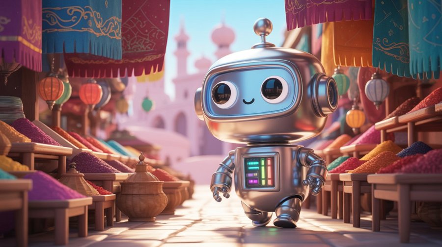 A cute rounded cartoon robot living a 'choose your own adventure' game in a fantasy Arabian Nights-type setting. Ideogram image