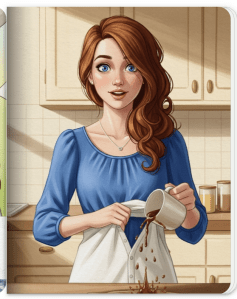 Gemini Storybook image of a woman spilling coffee