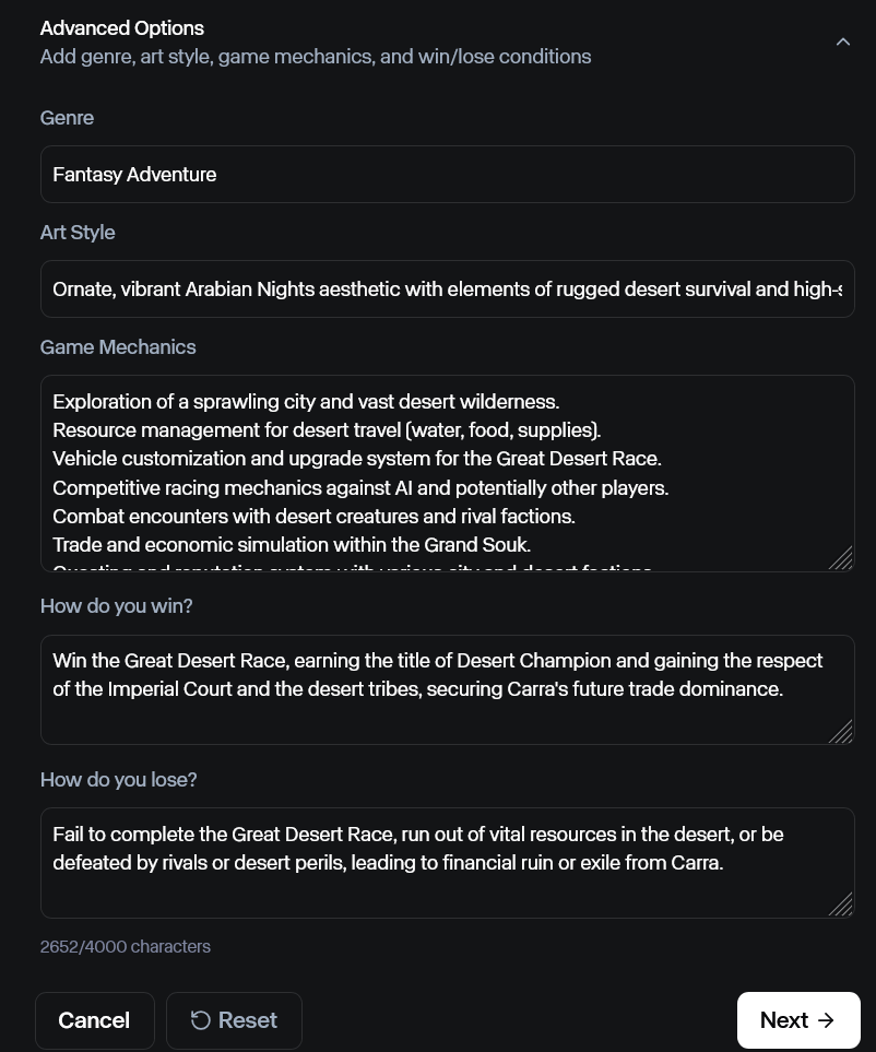 RunwayML Game World Advanced Options Prompt Screen