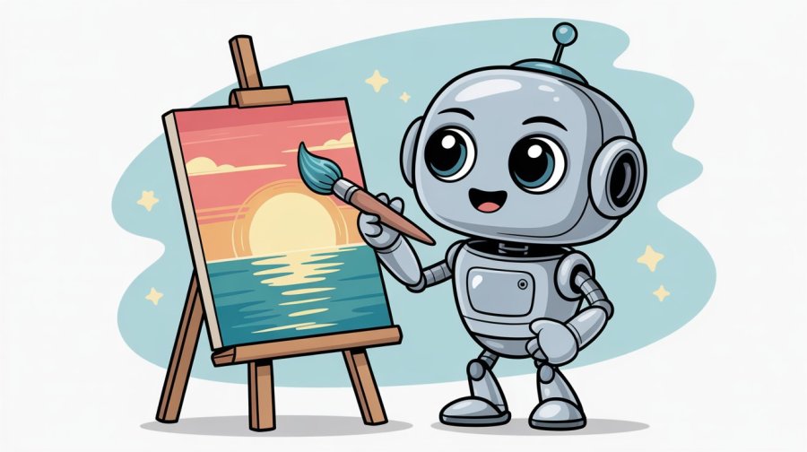 a cartoon of a cute, rounded robot making changes to a beautiful picture on an easel in front of them. Ideogram image