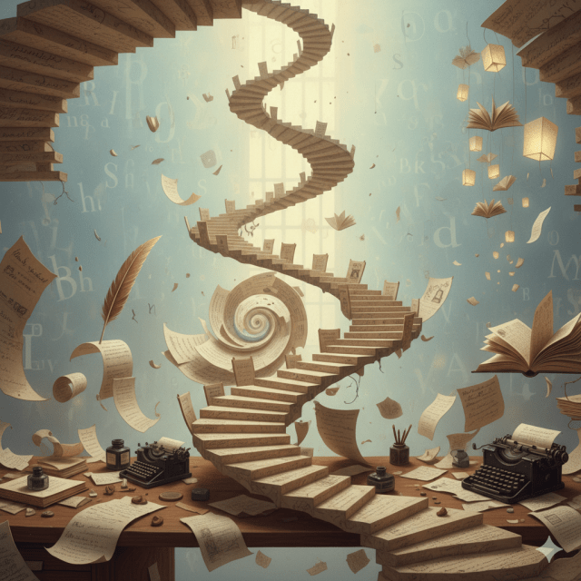 Surreal illustration of a writer’s desk turning into a winding staircase made of paper, branching into unexpected directions, soft light, magical realism, textured illustration.