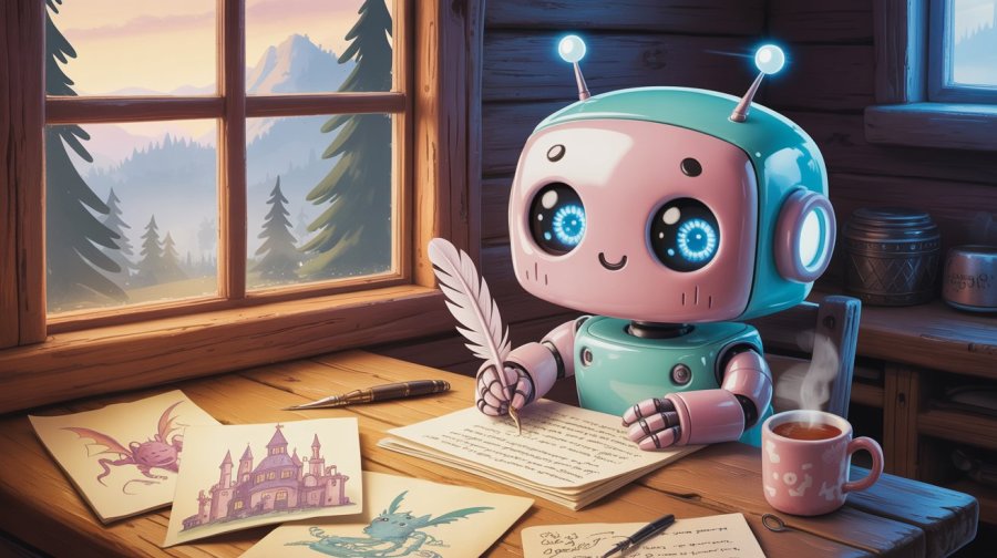 cartoon of cute, kawaii robot on a writing retreat, creating a fantasy story Ideogram image