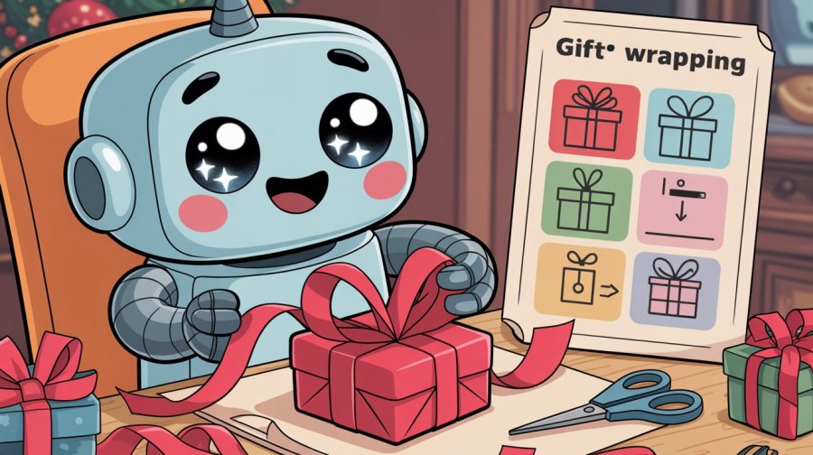 cartoon of a confused but happy cute, rounded, kawaii robot following the instructions on an infographic on how to wrap a christmas present Ideogram image