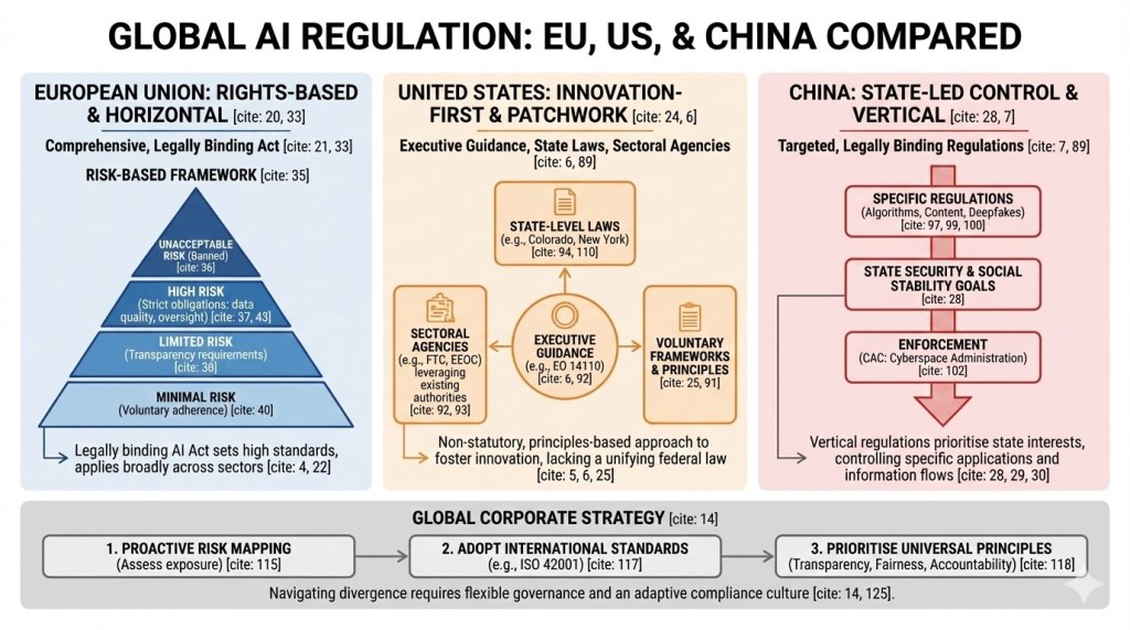 an infographic covering the different approaches to regulation covered in the attached report, with a focus on the differences between the EU, US, and China.