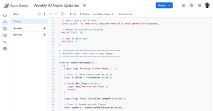 News update code in Google Apps Script