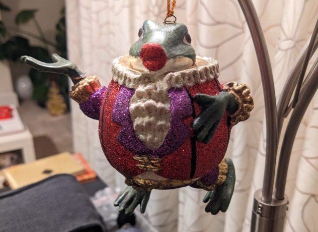 Christmas ornament in the shape of toad in Elizabethan dress