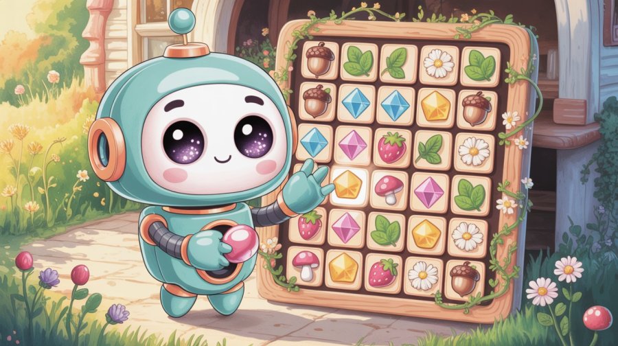a cute, rounded, kawaii cartoon robot building a cottage-core style, whimsical match-3 game, by placing the match 3 elements into the boxes Ideogram image