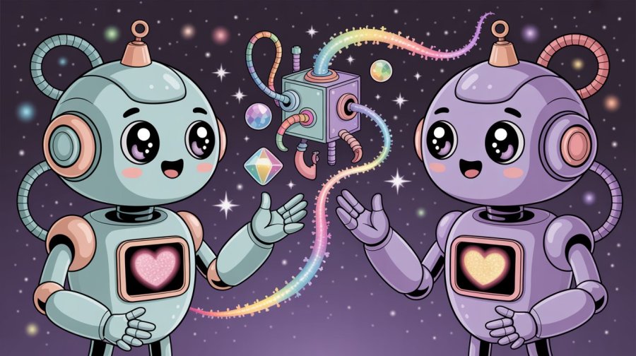 two cute, rounded, kawaii cartoon robots having a conversation that is magically building a fantastical machine Ideogram image