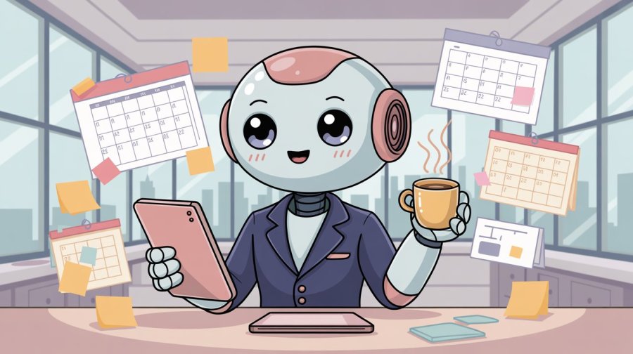 A cartoon of a cute rounded kawaii robot working as an executive assistant Ideogram image