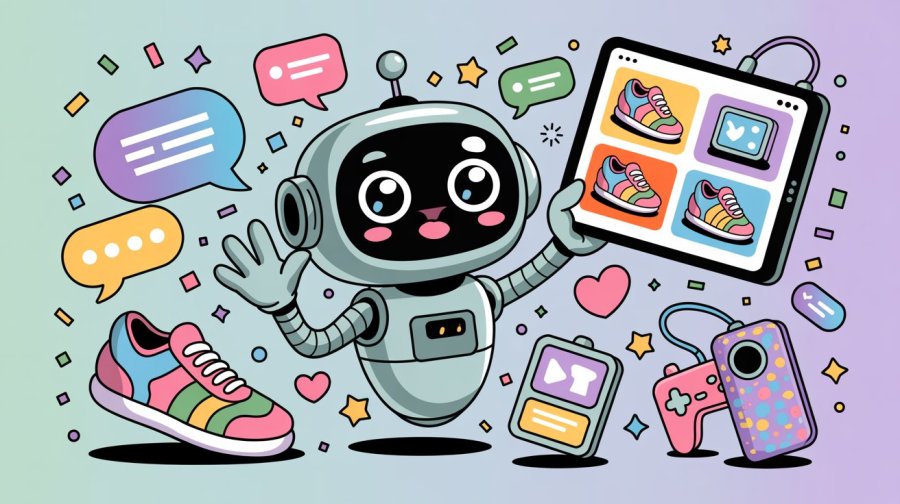 simple cartoon of a cute, kawaii, rounded robot building and running marketing campaigns and advertisement for fun, colourful, interesting products. Ideogram image