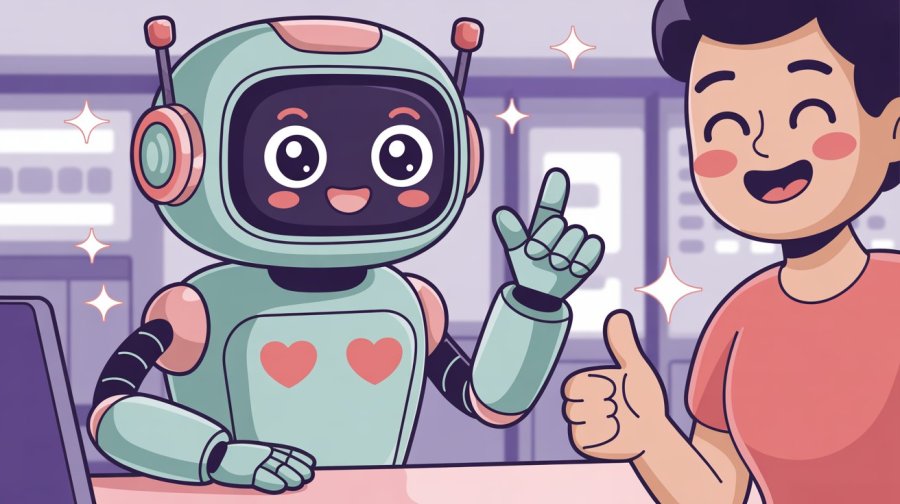 Cartoon of a cute, rounded, kawaii robot helping in customer service, solving a problem and making the customer(s) happy Ideogram image