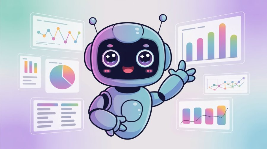 cartoon of a cute, rounded, kawaii robot exploring and analysing data, using tables, graphs, and other data visualisations Ideogram image