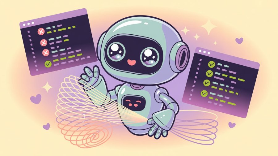 cartoon of a cute, rounded, kawaii robot creating whimsical patterns, and fixing errors in code Ideogram image