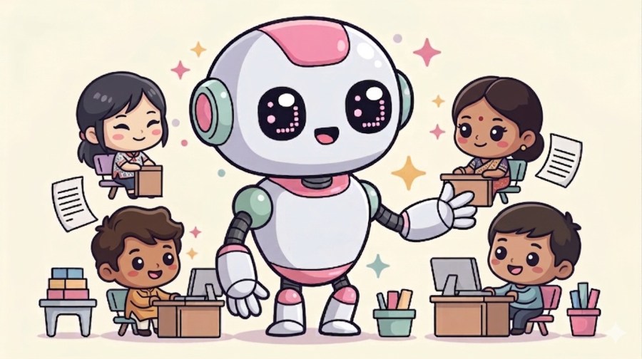 cartoon of a cute, rounded kawaii robot working to support and improve life for a chibi human work team. Ideogram image, edited in Gemini