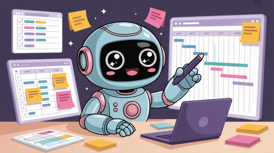 cartoon of a cute, rounded, kawaii robot managing projects using gantt charts, to do lists, kanban boards and graphs Ideogram image