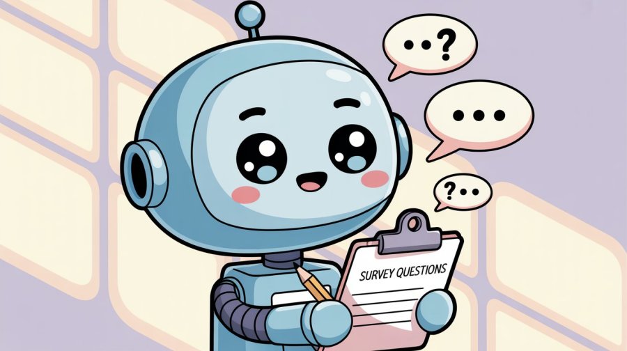 cartoon of a cute, kawaii, rounded robot conducting a survey, earnestly asking questions and noting answers. Ideogram image